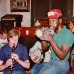 Scaniazz in New Orleans 1982. Gregg Stafford tries my trumpet at Fritzel's.